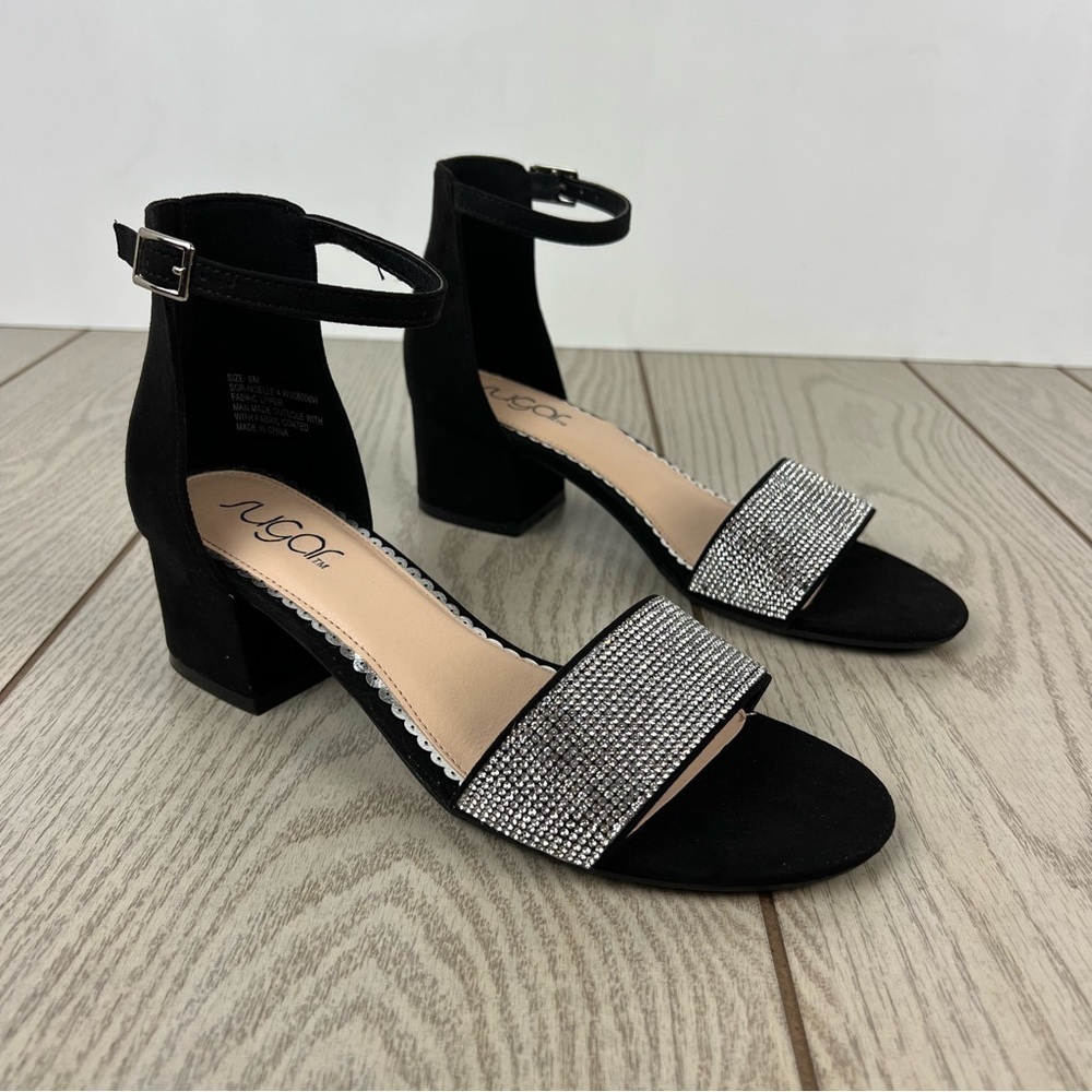 Sugar Noelle Gem Embellished Vamp Strap Sandals 8M Black $58
